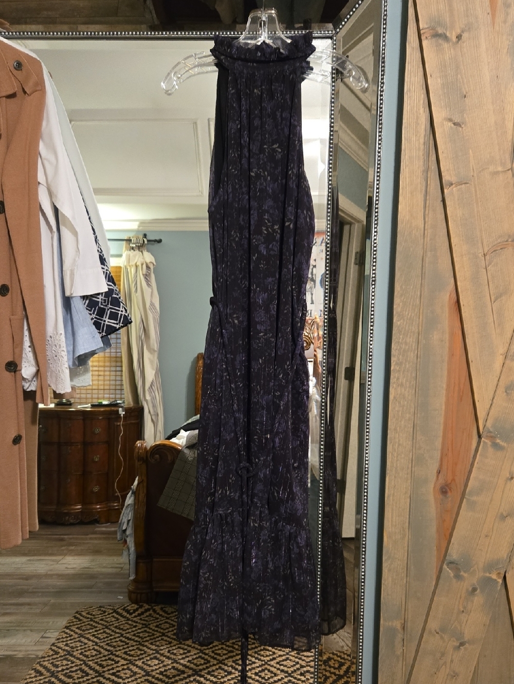 Elie Tahari Navy Floral Dress with Gold Accent Plate